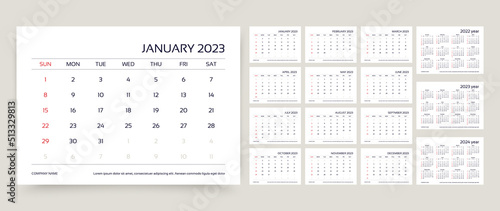 Calendar for 2023 year. Planner template. Week starts Sunday. Monthly calender organizer. Desk schedule grid with 12 month. Corporate yearly diary layout. Horizontal simple agenda. Vector illustration