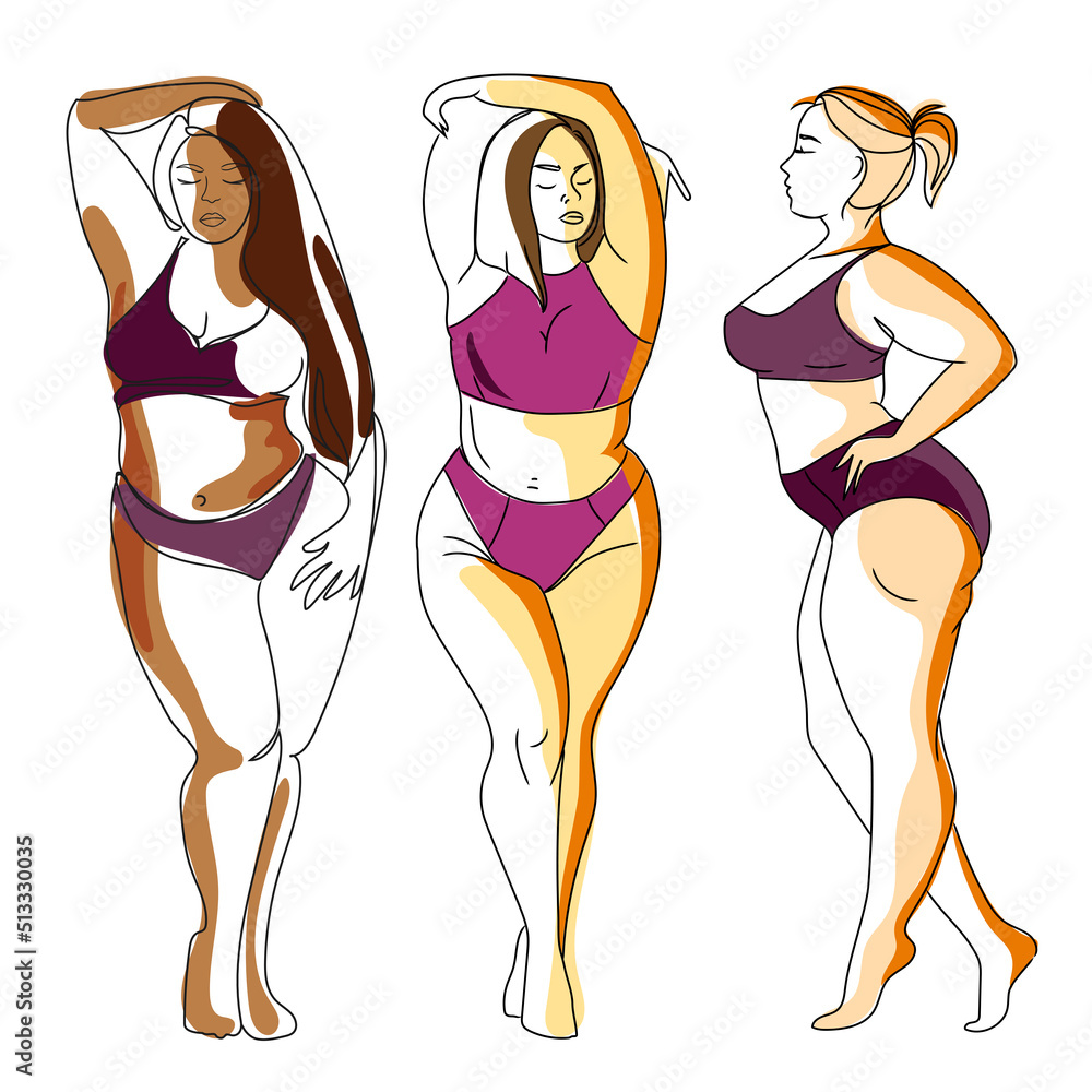 Three plump, curvy women, girls with different skin colors, plus size  models in swimming suits, Minimal art vector illustration .Body-positive  girls.Beautiful plump,overweight women abstract line art Stock Vector