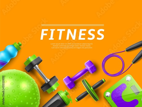 Realistic gym fitness accessories. Frame background with place for text, training yoga equipment, sports devices, female workout objects, 3d skipping rope, dumbbell, utter vector concept
