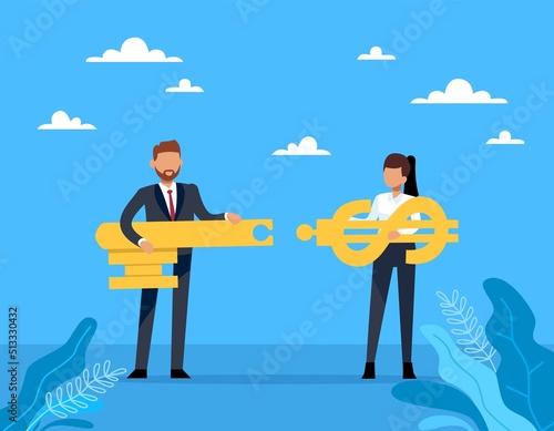 Selection of key to profit. Cooperation and collaboration, man and woman connect parts, money solving problem, startup financing, corporate partner, vector cartoon flat business concept