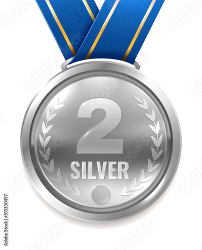 Silver medal on blue ribbon. Competition award badge