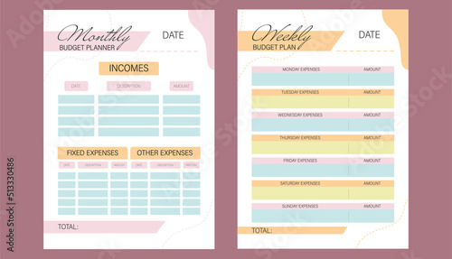 Modern budget planner template. Set of montly and weekly vector planners