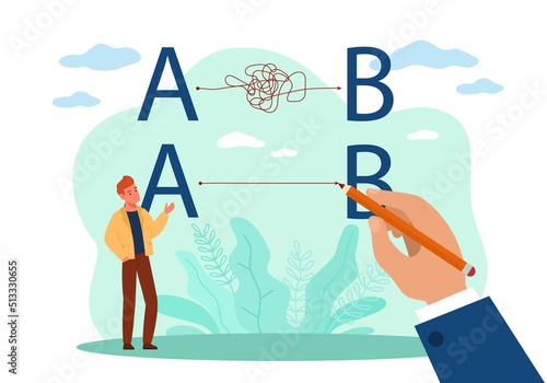 Simplifying the solution of complicated tasks. Simple and difficult way, straight line to achieve goal, point A to B, scribble chaos path lines. Vector cartoon flat isolated concept