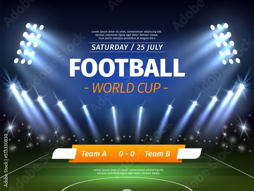 Stadium lights poster. Football match invitation banner, sport background with spotlights, green field with projector, soccer field and spectator stands, competition utter vector concept