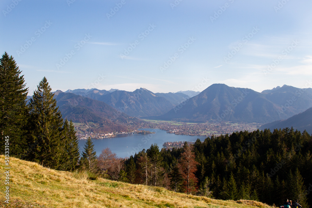 Landscape view of a lake in Holzkirchen, Germany. View from the top of a mountain