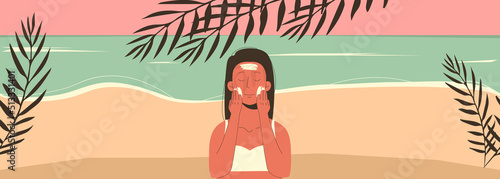 A woman at the beach applies sunscreen to her skin. Sun protection. Vector flat