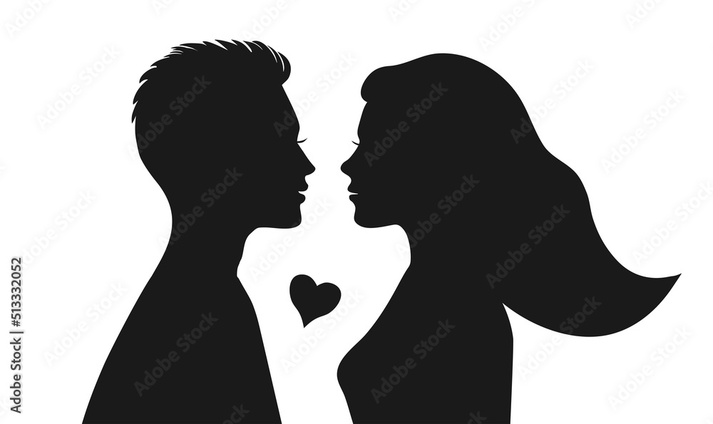 Silhouettes of a man and a woman face to face  on an isolated background. Boy with short hair and girl with long hair.Сouple,icon.Lovers.Default avatar profile.EPS10.