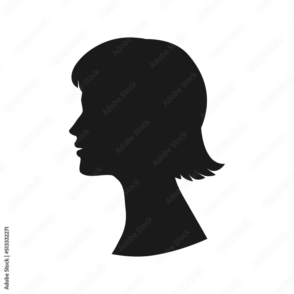 Silhouette of a beautiful female face in profile on an isolated background .Woman in profile with a short haircut.Default avatar profile.EPS10.