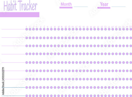 Habit tracker. Daily template habit diary for month. Journal planner with bullets. Vector illustration. Goal list on dotted background. Simple design. Horizontal, landscape orientation