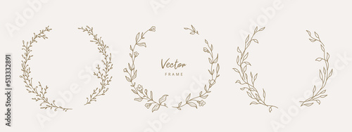 Hand drawn line floral frames. Circle botanical wreath. Elegant logo template.Vector illustration vintage decoration elements for label, branding business identity, wedding invitation, greeting card