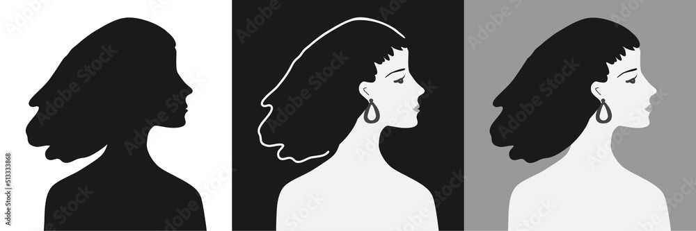 Set of vector silhouettes of beautiful female faces in profile on an isolated background. Fashion illustration.Woman with a flowing hair and earring . Default avatar profile icon.EPS10.