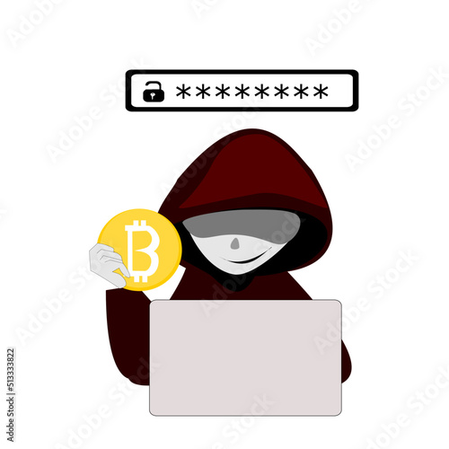 scammer cartoon character.Online crime concept . Swindler and a thief are working at the computer. Vector flat illustration isolated on white background.Bitcoin, crypto theft .