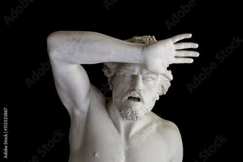 Fotografiet greek sculpture of a man with raised hand and open mouth isolated on black backg
