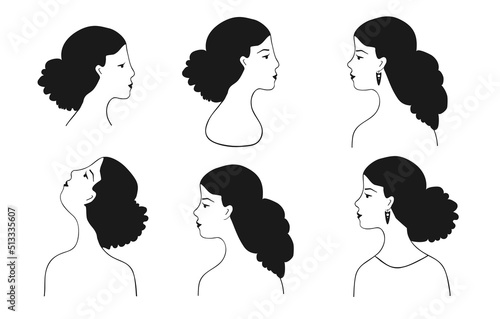 Girls profiles vector illustration set.Beautiful female faces in profile with different hairstyles on an isolated background.Black and white sketch in the painted line.Avatar profile icon.EPS10.