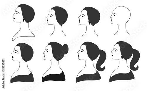 Girls profiles vector illustration set.Beautiful female faces in profile with different hairstyles on an isolated background.Black and white sketch in the painted line.Avatar profile icon.EPS10.