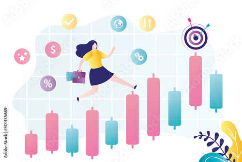 Confident businesswoman runs on growing graph towards the goal. Male investor successfully trades in stock market or forex. Profit, return on investment. Making money.