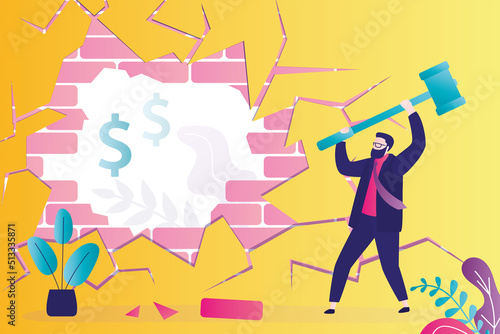 Businessman with hammer punched hole in concrete wall. Male character achieves business goals