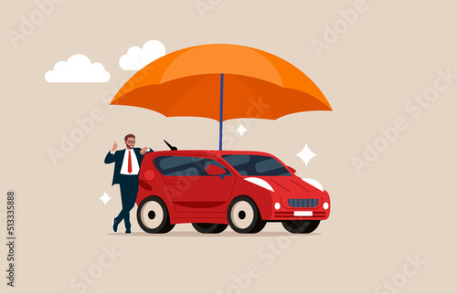 Car insurance business service. Man car owner or insurance agent stand with new car under strong umbrella protection shield.