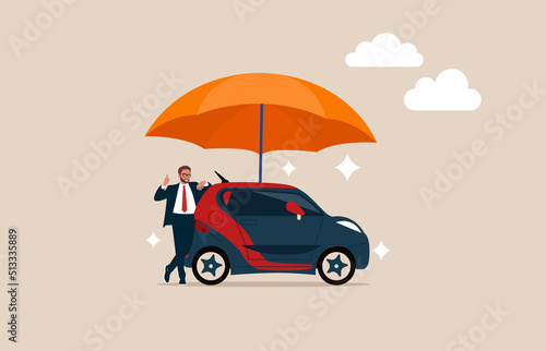 Man car owner or insurance agent stand with new car under strong umbrella protection shield. Car insurance, accident protection for vehicle, safety or assurance service.