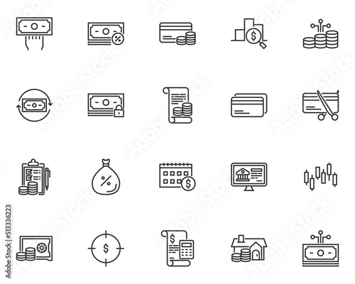 set of finance line icons, money, bank, economy