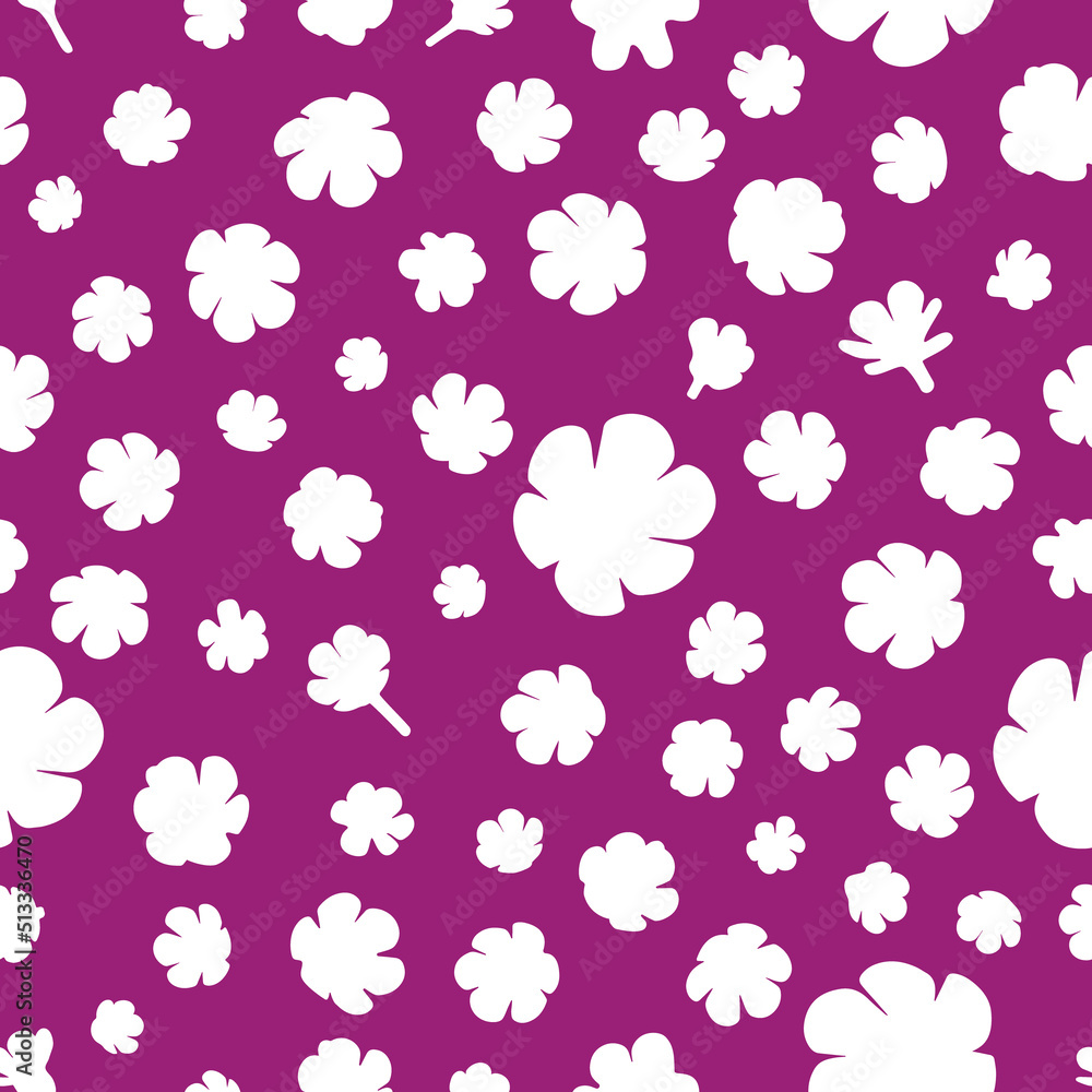 Small flowers naive dotted seamless pattern on purple background. Childish illustration for textile, fabric, wallpaper, wrapping paper. 