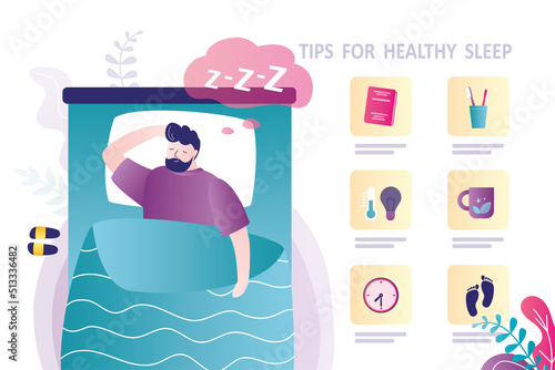 Infographic with tips for healthy sleep. Prepare comfortable sleeping conditions. Recommendations for better sleep at night. Handsome man sleeps in bed. Useful advices. Top view.