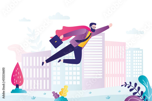 Businessman looking like super hero flies through the sky. Male worker with improved skills. Boost your business, acceleration of profit. High performance at work.