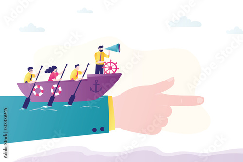 Business team is sailing on boat. Big hand give right direction. Confident leader uses spyglass and searching direction. Male boss steers ship. Leadership, successful teamwork.