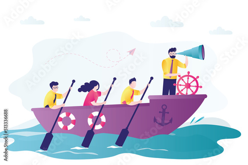 Business team is sailing on boat. Confident leader uses spyglass and searching direction. Male boss steers ship with rudder. Leadership  successful teamwork. Corporate relations.
