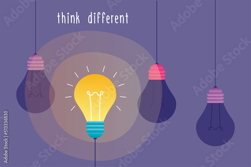 Think different, concept banner. One luminous bulb among extinct ones. Search for new business ideas for projects and startups. Brainstorming, creative thinking.