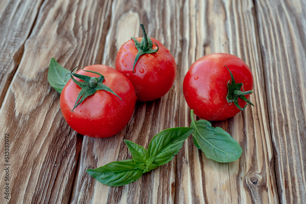 Fresh tomatoes and basil leaves on old wooden table Fresh tomatoes and basil leaves on old wooden table