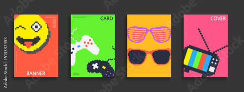 Set of colorful retro covers, templates, backgrounds, placards, brochures, banners, flyers and etc. Drawing cartoon posters, cards, catalogs - fashion style 80-90s. Bright creative prints