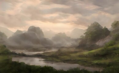 Rideaux Beige Modern art paintings on the canvas of the beautiful landscape in green and gray colors  © Uniture/Wirestock Creators