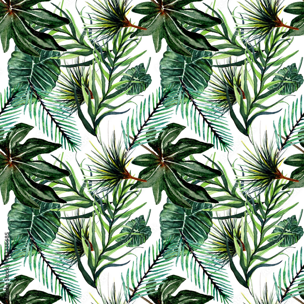 Foglie tropicali verdi su sfondo bianco. Pattern ad acquerello senza cucitura Foglie tropicali verdi su sfondo bianco. Pattern ad acquerello senza cucitura