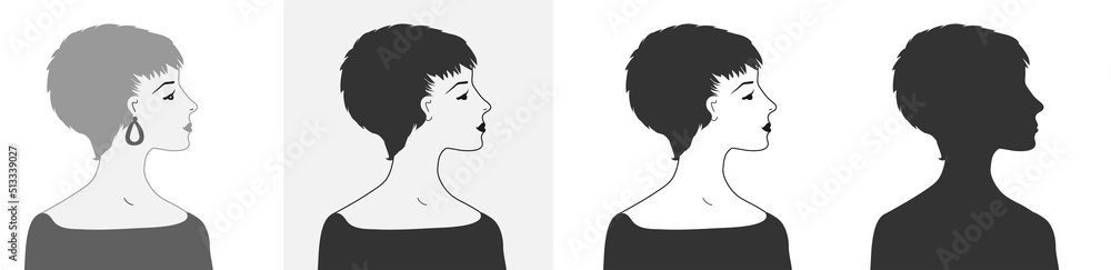 Set of vector silhouettes of beautiful female faces in profile on an isolated background. Fashion illustration.Woman with a short haircut . Default avatar profile icon.EPS10.