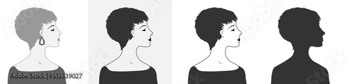 Set of vector silhouettes of beautiful female faces in profile on an isolated background. Fashion illustration.Woman with a short haircut . Default avatar profile icon.EPS10.