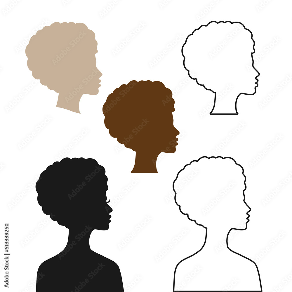 Set of vector solid and outline silhouettes of beautiful female faces in profile on an isolated background. Head of an African woman in profile with a short haircut . Default avatar profile.EPS10.