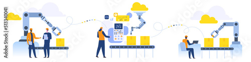 Assembly line with robotic arms and workers Male and female factory workers engineers Automated production process User connecting with a tablet and sharing data with a cyber-physical system Vector