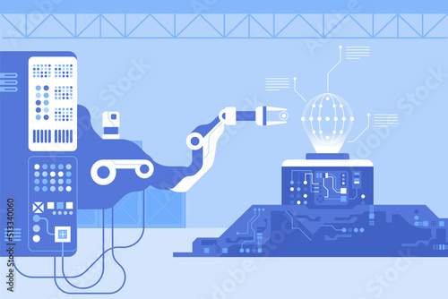 Robotized equipment assembling electrical items flat color vector illustration. Production line and conveyor. Industrial progress 2D simple cartoon objects in workshop with machine tools on background