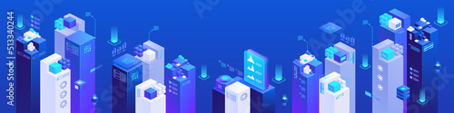 Digitization of financial industry isometric vector images set on blue background. Cryptocurrency and blockchain. Online stock exchange. Web banner with copy space for text. 3d components composition
