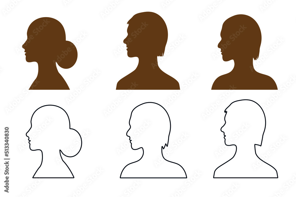 Set of vector solid and outline silhouettes of a man and a woman in profile on an isolated background.Default avatar profile.EPS10. Set of vector solid and outline silhouettes of a man and a woman in profile on an isolated background.Default avatar profile.EPS10.