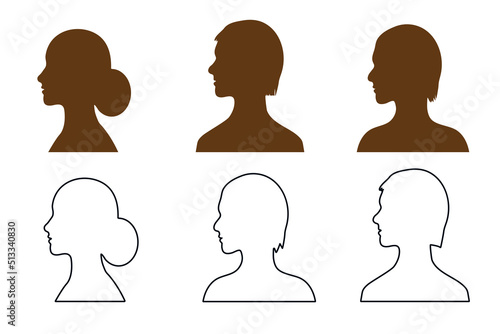 Set of vector solid and outline silhouettes of a man and a woman in profile on an isolated background.Default avatar profile.EPS10.