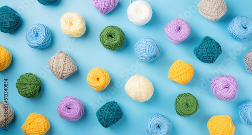 Canvas Print bright and colorful yarn wool pattern on bright background, top view flat lay