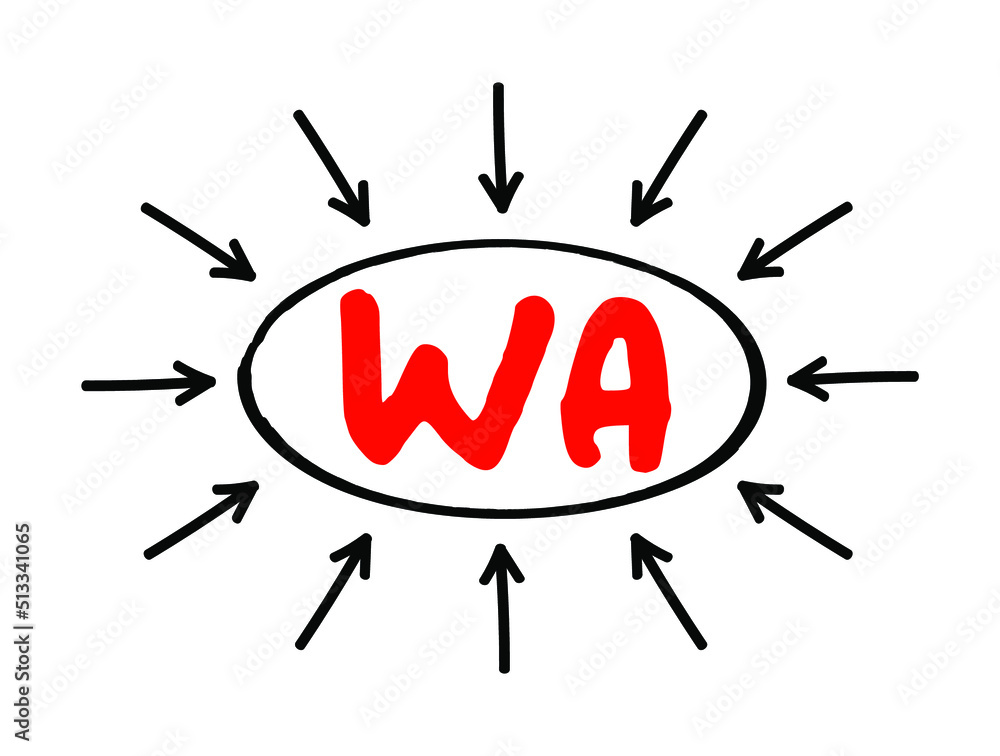 WA - With Average is an ocean marine policy provision that covers partial loss of below deck cargo on the same basis as a total loss, acronym text with arrows WA - With Average is an ocean marine policy provision that covers partial loss of below deck cargo on the same basis as a total loss, acronym text with arrows