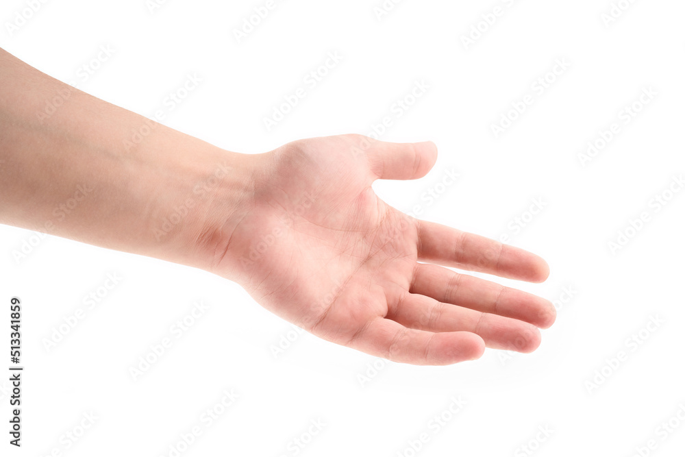 Female hand isolated on white background. White man hand showing symbols and gestures. Female hand isolated on white background. White man hand showing symbols and gestures.