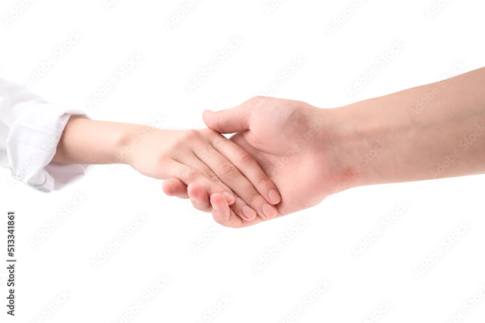 Handshake. Handshaking isolated on white background. Woman and man. Handshake. Handshaking isolated on white background. Woman and man.