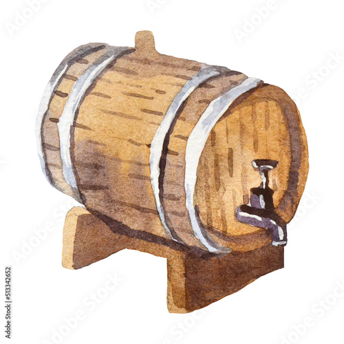 A wine barrel , watercolor hand drawn illustration. Winemaking.