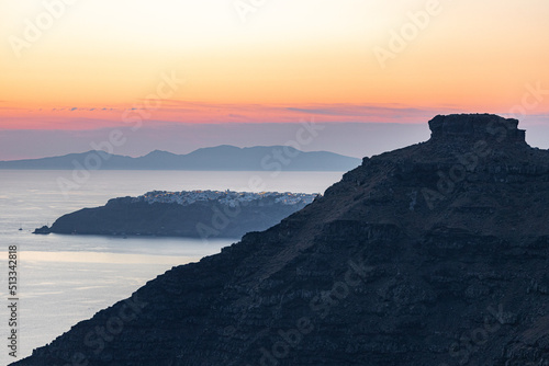 Santorini, Greece - Oia at sunset from Skaros, panorama