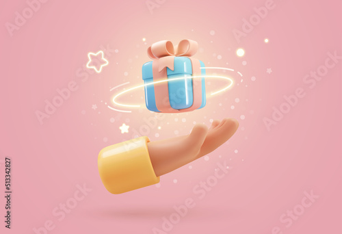 Fotografering 3d vector cartoon human hand giving magic gift box with light effect vector illustration