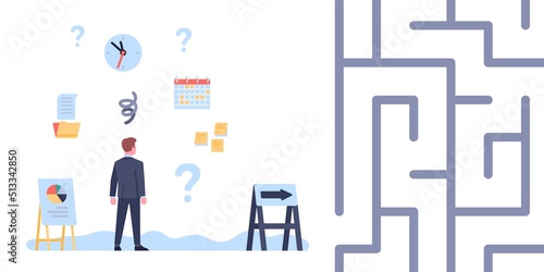 Businessman looking for solution. Man solving problems. Office worker finding decision in labyrinth. Business strategy. Time and tasks management. Work organization. Vector concept